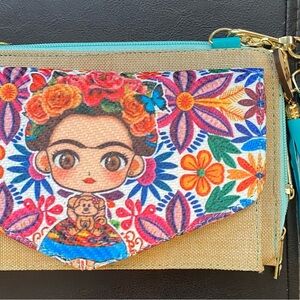 Colorful Floral Frida-Inspired Women’s Crossbody Clutch - Turquoise Accent